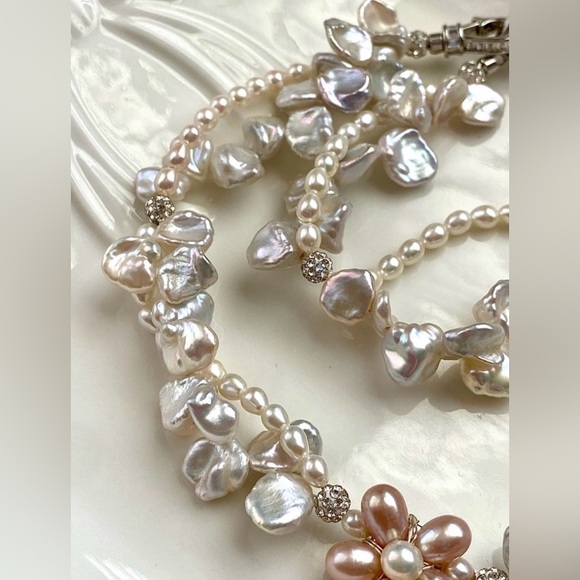 N290-Premium RARE Natural Blue Petal Pearl Blue Flameball Pearl Flower Necklace - Picture 15 of 16